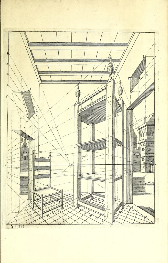 An illustration from Practical perspective; or, Perspective made easie. Teaching by the opticks, how to delineate all bodies, buildings, or landskips, &c. By the catoptricks, how to delineate confused appearances, so as when seen in a mirror or pollisht body of any intended shape, the reflection shall shew a designe. By the dioptircks [sic], how to draw parts of many figures into one, when seen through a glass or christal cut into many faces.., 1670, leaf 141