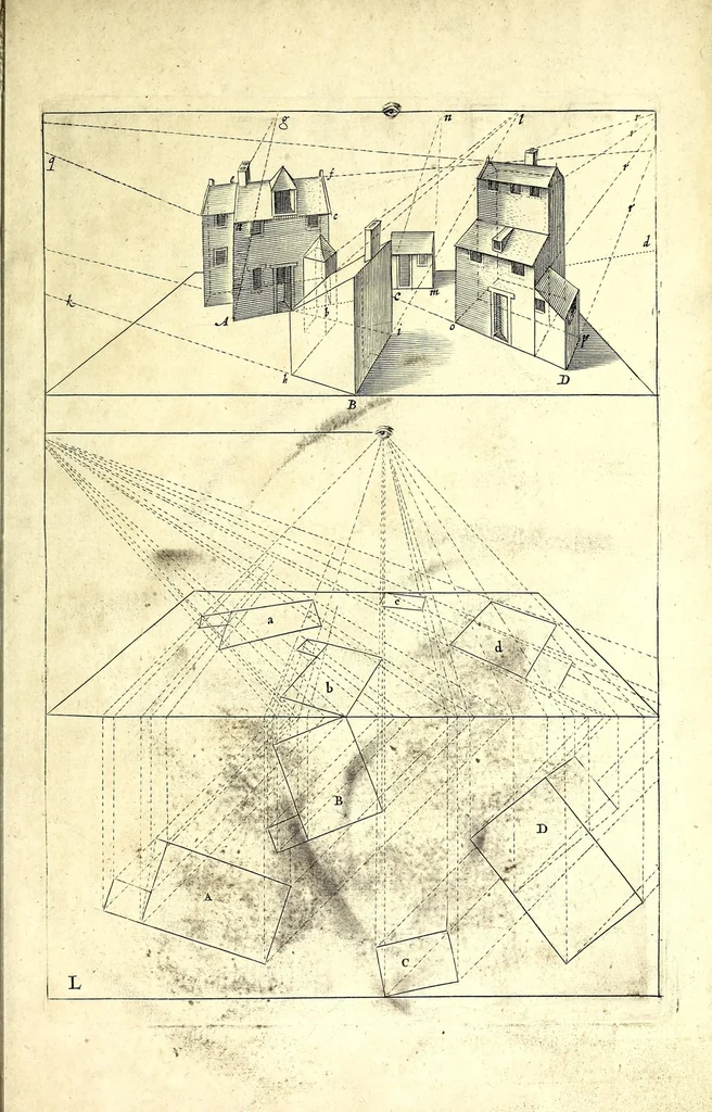 An illustration from Practical perspective; or, Perspective made easie. Teaching by the opticks, how to delineate all bodies, buildings, or landskips, &c. By the catoptricks, how to delineate confused appearances, so as when seen in a mirror or pollisht body of any intended shape, the reflection shall shew a designe. By the dioptircks [sic], how to draw parts of many figures into one, when seen through a glass or christal cut into many faces.., 1670, leaf 151