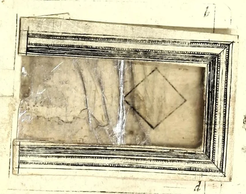 An illustration from Practical perspective; or, Perspective made easie. Teaching by the opticks, how to delineate all bodies, buildings, or landskips, &c. By the catoptricks, how to delineate confused appearances, so as when seen in a mirror or pollisht body of any intended shape, the reflection shall shew a designe. By the dioptircks [sic], how to draw parts of many figures into one, when seen through a glass or christal cut into many faces.., 1670, leaf 17