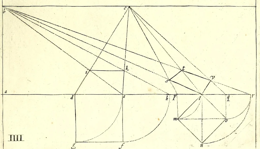 An illustration from Practical perspective; or, Perspective made easie. Teaching by the opticks, how to delineate all bodies, buildings, or landskips, &c. By the catoptricks, how to delineate confused appearances, so as when seen in a mirror or pollisht body of any intended shape, the reflection shall shew a designe. By the dioptircks [sic], how to draw parts of many figures into one, when seen through a glass or christal cut into many faces.., 1670, leaf 81