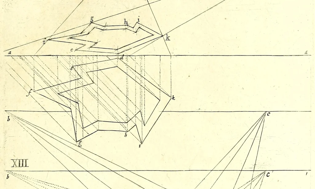 An illustration from Practical perspective; or, Perspective made easie. Teaching by the opticks, how to delineate all bodies, buildings, or landskips, &c. By the catoptricks, how to delineate confused appearances, so as when seen in a mirror or pollisht body of any intended shape, the reflection shall shew a designe. By the dioptircks [sic], how to draw parts of many figures into one, when seen through a glass or christal cut into many faces.., 1670, leaf 91
