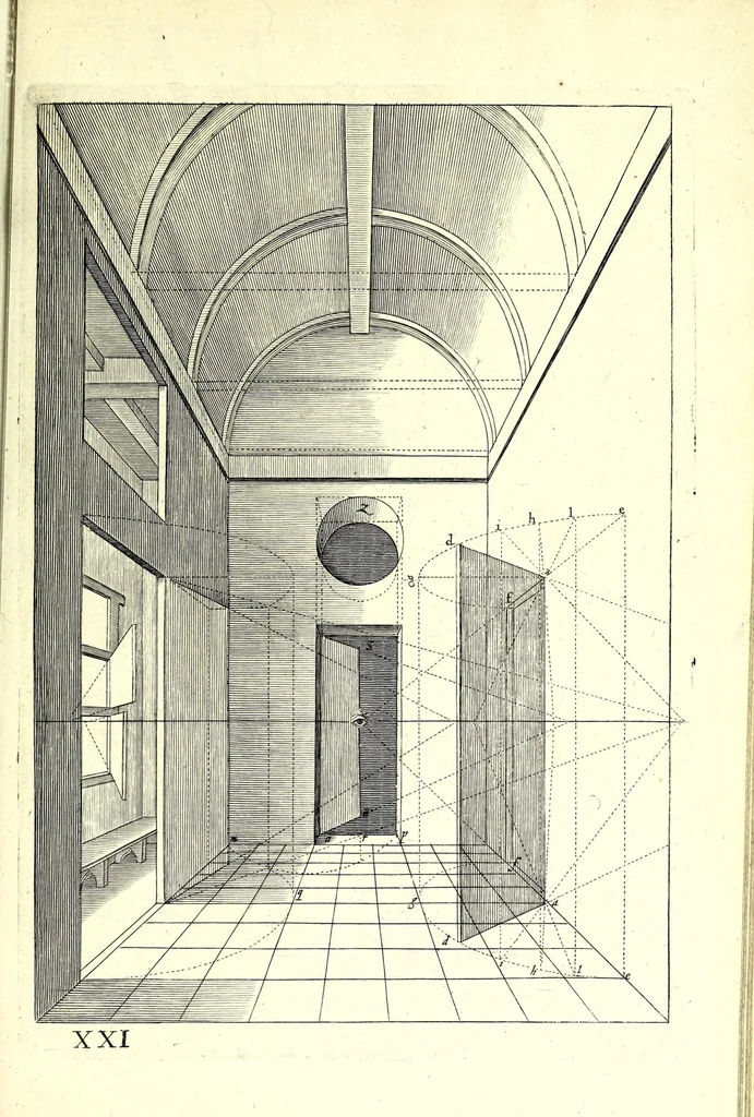 An illustration from Practical perspective; or, Perspective made easie. Teaching by the opticks, how to delineate all bodies, buildings, or landskips, &c. By the catoptricks, how to delineate confused appearances, so as when seen in a mirror or pollisht body of any intended shape, the reflection shall shew a designe. By the dioptircks [sic], how to draw parts of many figures into one, when seen through a glass or christal cut into many faces.., 1670, leaf 99