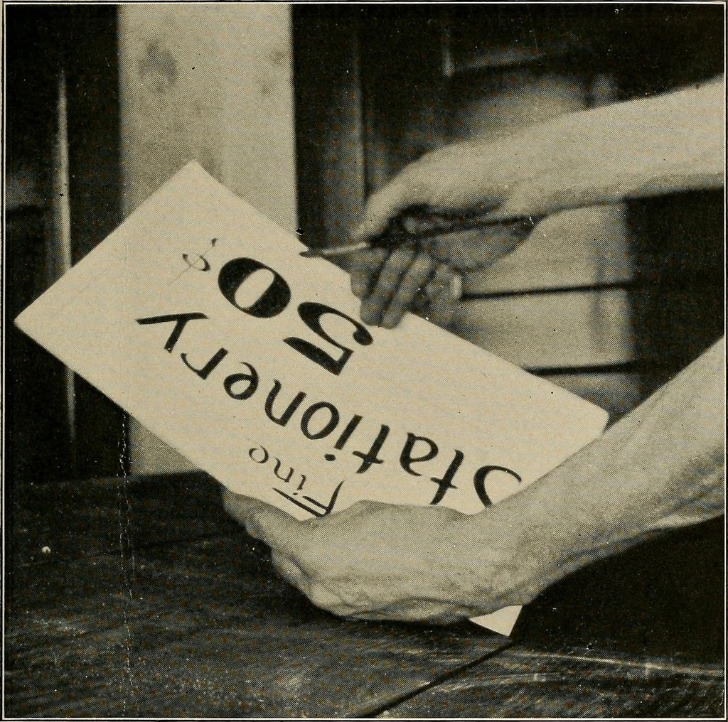 An illustration from Practical phrases of show card writing; a complete manual of the best and latest methods of brush and pen lettering with comprehensive color notes embracing all the most appropriate alphabets, abundantly and accurately illustrated with full description of all the materials necessary, 1922, leaf 24