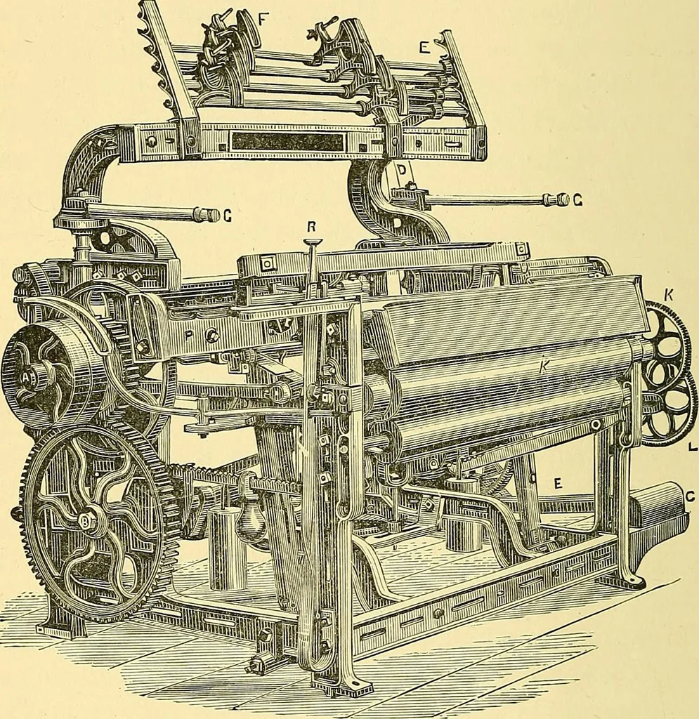An illustration from A practical treatise on weaving and designing of textile fabrics : with chapters on the principles of construction of the loom, calculations and colour, 1879, leaf 77