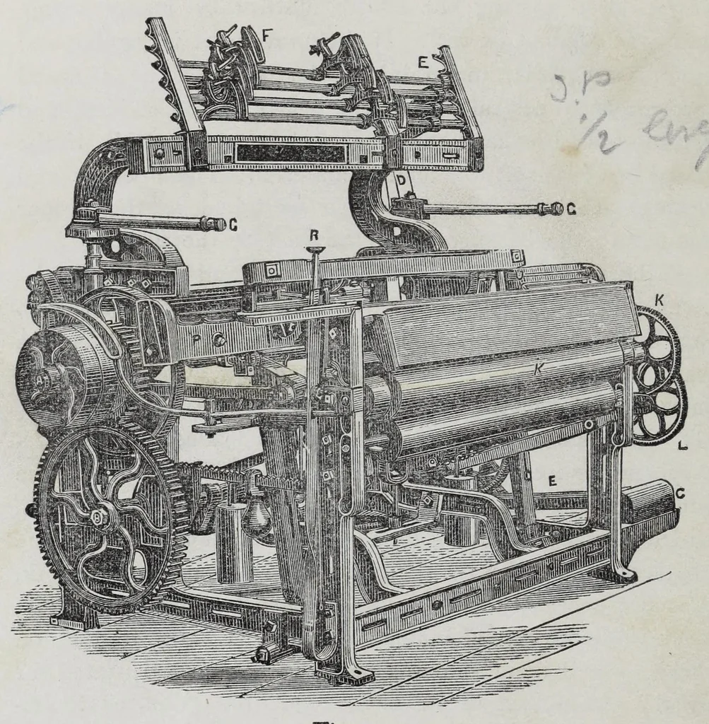 An illustration from A practical treatise on weaving and designing of textile fabrics : with chapters on the principles of construction of the loom, calculations, and colour, 1885, leaf 80