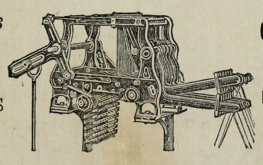 An illustration from A practical treatise on the construction of the power-loom and the art of weaving : all descriptions of texture produced by leaves of heddles : illustrated with diagrams, with calculations and instructions for the production of cotton, woollen, linen, and jute fabrics : intended as a textbook for those engaged in the trade, 1887, leaf 145
