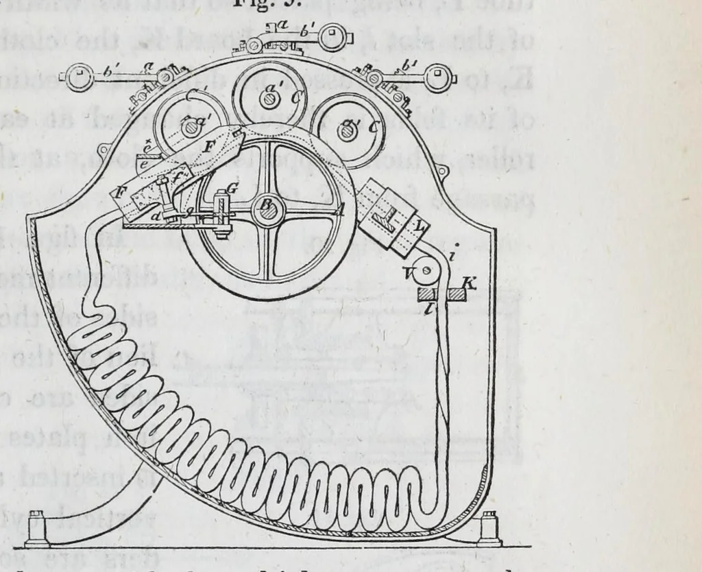 An illustration from A practical treatise on dyeing and calico-printing : including the latest inventions and improvements : also a description of the origin, manufacture, uses, and chemical properties of the various animal, vegetable, and mineral substances employed in these arts : with an appendix comprising definitions of chemical terms, with tables of weights, measures, thermometers, hydrometers, &c., 1860, leaf 265