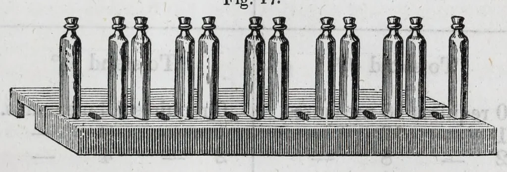 An illustration from A practical treatise on dyeing and calico-printing : including the latest inventions and improvements : also a description of the origin, manufacture, uses, and chemical properties of the various animal, vegetable, and mineral substances employed in these arts : with an appendix comprising definitions of chemical terms, with tables of weights, measures, thermometers, hydrometers, &c., 1860, leaf 271