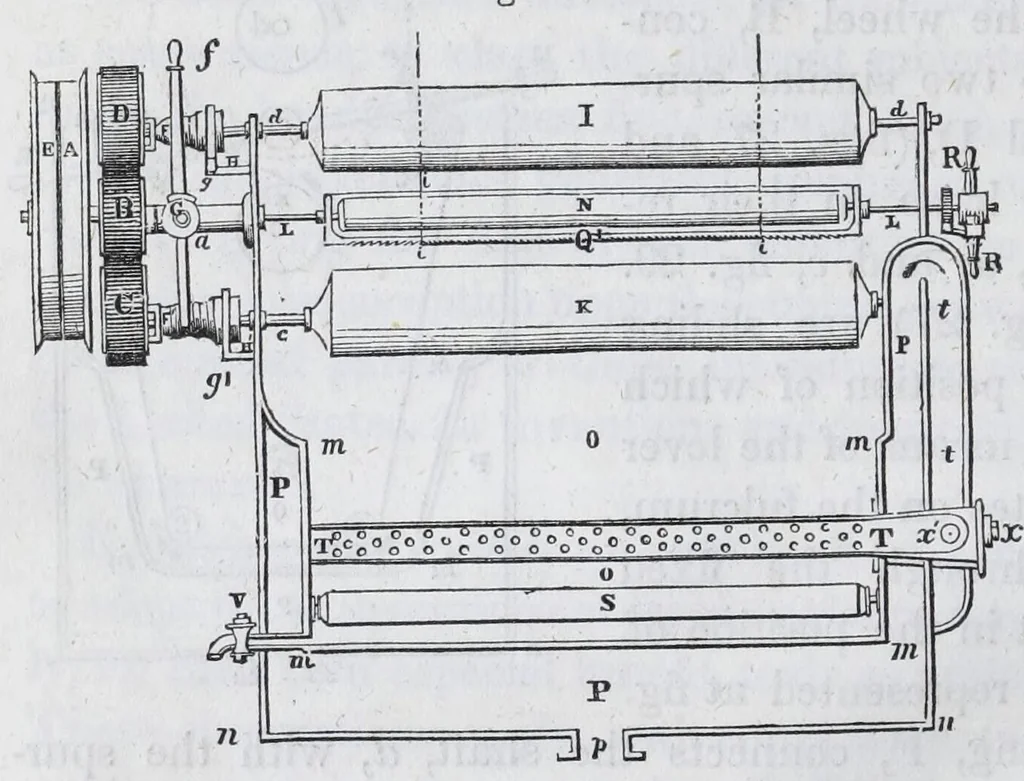 An illustration from A practical treatise on dyeing and calico-printing : including the latest inventions and improvements : also a description of the origin, manufacture, uses, and chemical properties of the various animal, vegetable, and mineral substances employed in these arts : with an appendix comprising definitions of chemical terms, with tables of weights, measures, thermometers, hydrometers, &c., 1860, leaf 494