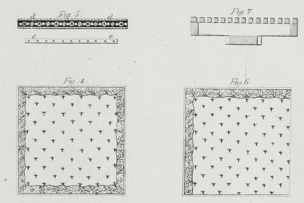 An illustration from A practical treatise on dyeing and calico-printing : including the latest inventions and improvements : also a description of the origin, manufacture, uses, and chemical properties of the various animal, vegetable, and mineral substances employed in these arts : with an appendix comprising definitions of chemical terms, with tables of weights, measures, thermometers, hydrometers, &c., 1860, leaf 767