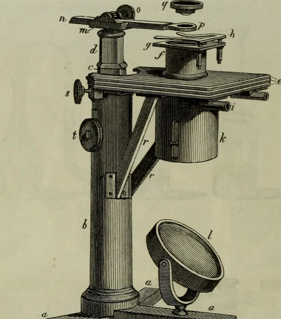 An illustration from A practical treatise on the use of the microscope, including the different methods of preparing and examining animal, vegetable, and mineral structures, 1848, leaf 9