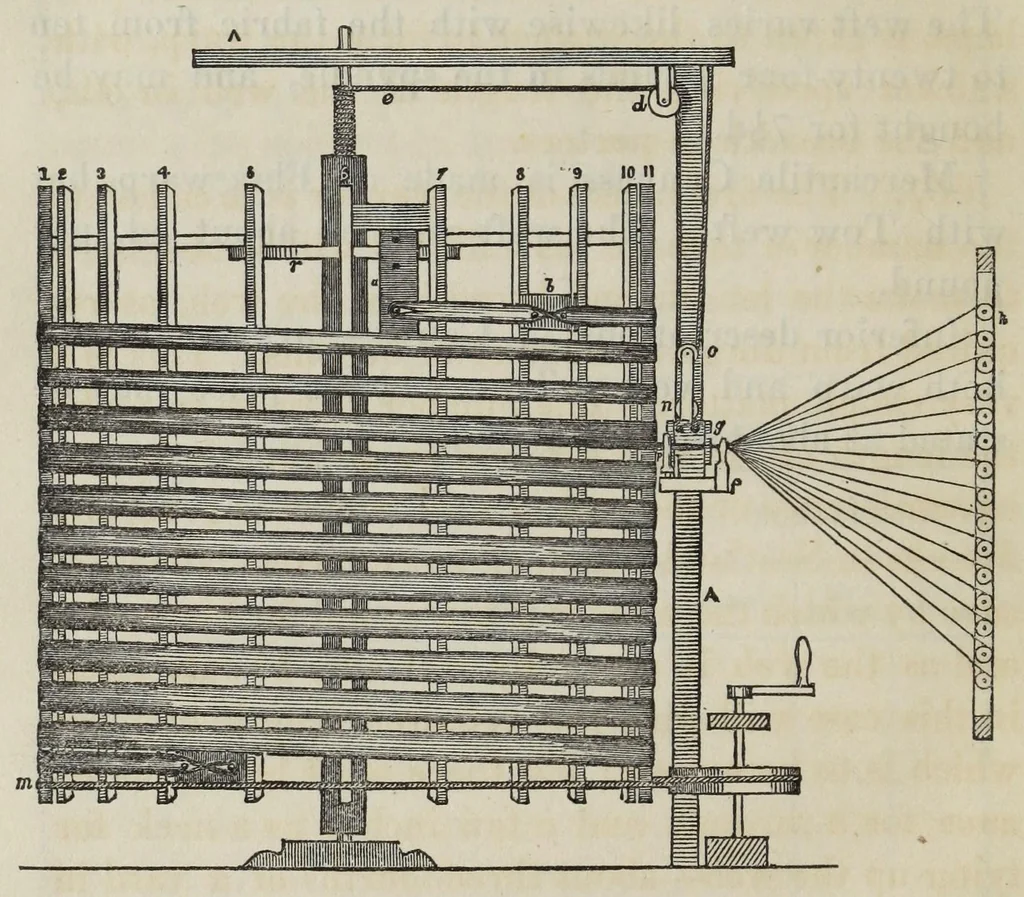 An illustration from A practical treatise on weaving by hand and power looms : intended as a text book for manufacturers by hand and power looms, and power loom engineers and especially designed to forward the extension of machinery to all kinds of plain weaving, 1846, leaf 332
