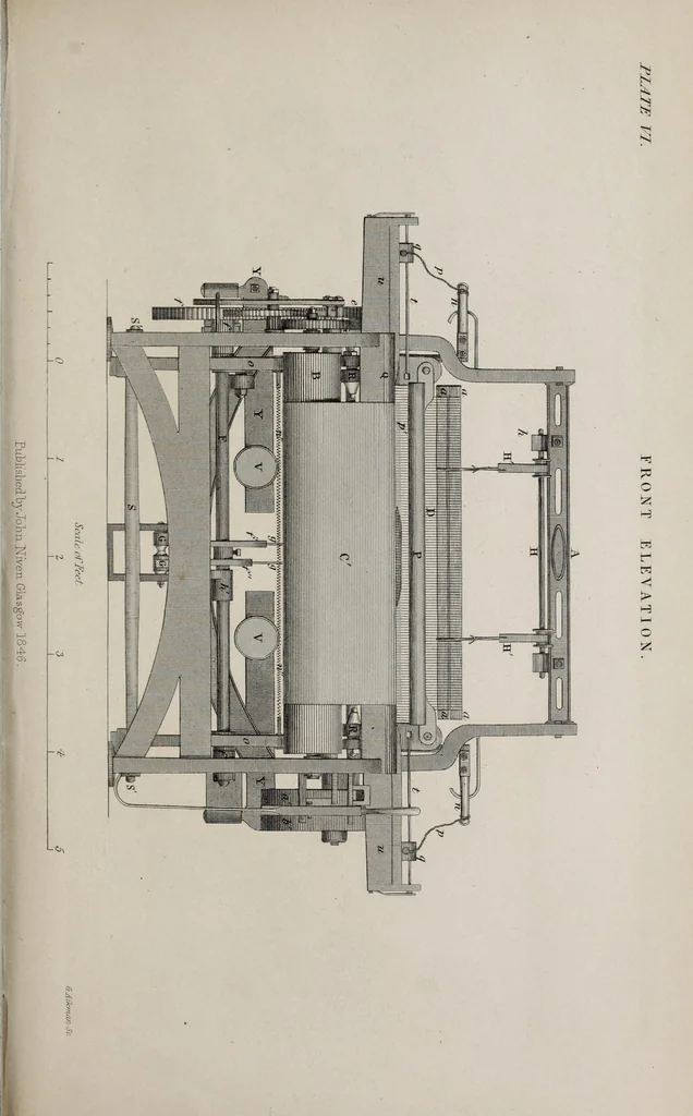 An illustration from A practical treatise on weaving by hand and power looms : intended as a text book for manufacturers by hand and power looms, and power loom engineers and especially designed to forward the extension of machinery to all kinds of plain weaving, 1846, leaf 385