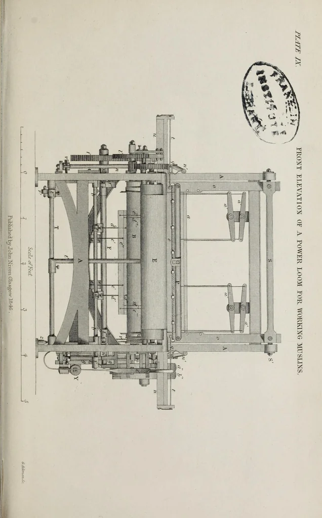 An illustration from A practical treatise on weaving by hand and power looms : intended as a text book for manufacturers by hand and power looms, and power loom engineers and especially designed to forward the extension of machinery to all kinds of plain weaving, 1846, leaf 391