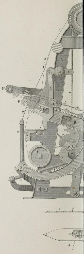 An illustration from A practical treatise on weaving by hand and power looms : intended as a text book for manufacturers by hand and power looms, and power loom engineers and especially designed to forward the extension of machinery to all kinds of plain weaving, 1846, leaf 406