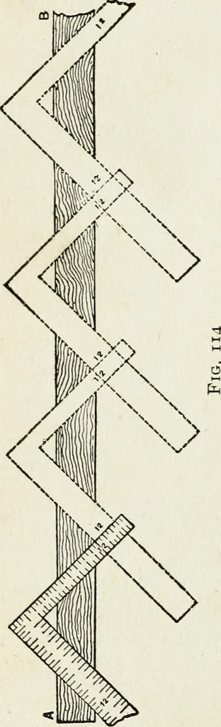 An illustration from A practical treatise on the steel square and its application to everyday use : being an exhaustive collection of steel square problems and solutions, "old and new", with many original and useful additions, forming a complete encyclopedia of steel square knowledge, together with a brief history of the square, and description of tables, keys and other aids and attachments, 1903, leaf 159