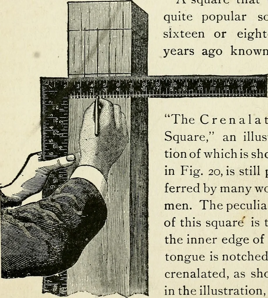 An illustration from A practical treatise on the steel square and its application to everyday use : being an exhaustive collection of steel square problems and solutions, "old and new", with many original and useful additions, forming a complete encyclopedia of steel square knowledge, together with a brief history of the square, and description of tables, keys and other aids and attachments, 1903, leaf 42