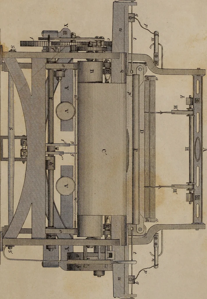 An illustration from A practical treatise on weaving by hand and power looms : intended as a text book for manufacturers by hand and power looms, and power loom engineers ..., 1846, leaf 382