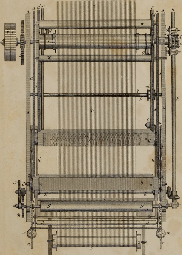 An illustration from A practical treatise on weaving by hand and power looms : intended as a text book for manufacturers by hand and power looms, and power loom engineers ..., 1846, leaf 408