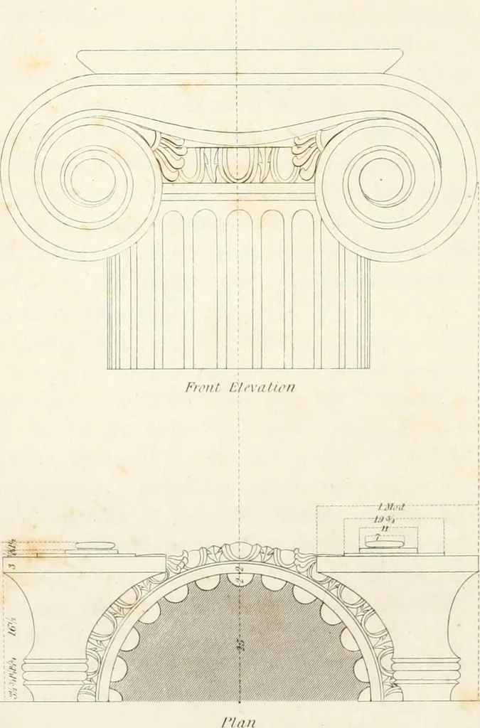 An illustration from Practice of architecture : containing the five orders of architecture and an additional column and entablature, with all their elements and details explained and illustrated, for the use of carpenters and practical men., 1835, leaf 103