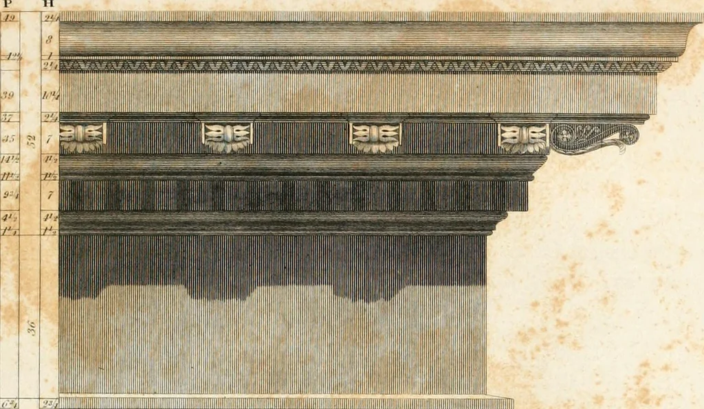 An illustration from Practice of architecture : containing the five orders of architecture and an additional column and entablature, with all their elements and details explained and illustrated, for the use of carpenters and practical men., 1835, leaf 106