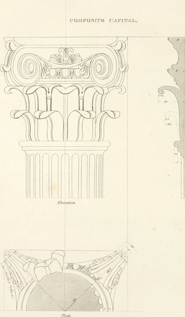 An illustration from Practice of architecture : containing the five orders of architecture and an additional column and entablature, with all their elements and details explained and illustrated, for the use of carpenters and practical men., 1835, leaf 121