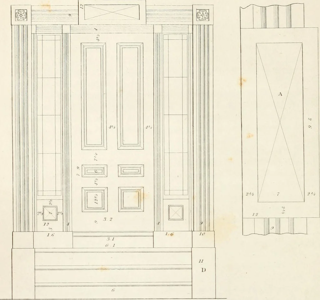 An illustration from Practice of architecture : containing the five orders of architecture and an additional column and entablature, with all their elements and details explained and illustrated, for the use of carpenters and practical men., 1835, leaf 135