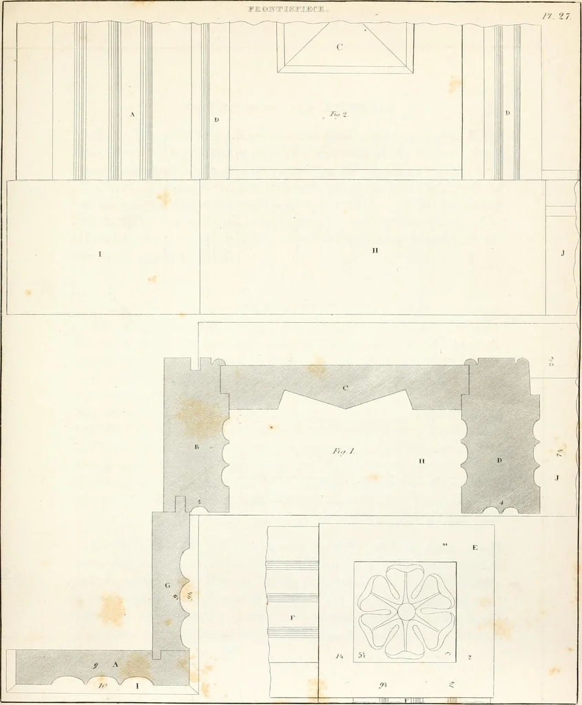 An illustration from Practice of architecture : containing the five orders of architecture and an additional column and entablature, with all their elements and details explained and illustrated, for the use of carpenters and practical men., 1835, leaf 136