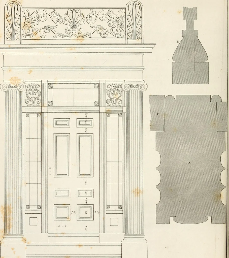 An illustration from Practice of architecture : containing the five orders of architecture and an additional column and entablature, with all their elements and details explained and illustrated, for the use of carpenters and practical men., 1835, leaf 147