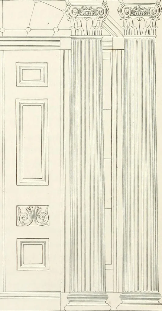 An illustration from Practice of architecture : containing the five orders of architecture and an additional column and entablature, with all their elements and details explained and illustrated, for the use of carpenters and practical men., 1835, leaf 155