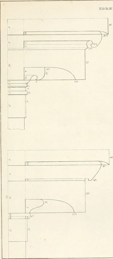 An illustration from Practice of architecture : containing the five orders of architecture and an additional column and entablature, with all their elements and details explained and illustrated, for the use of carpenters and practical men., 1835, leaf 158