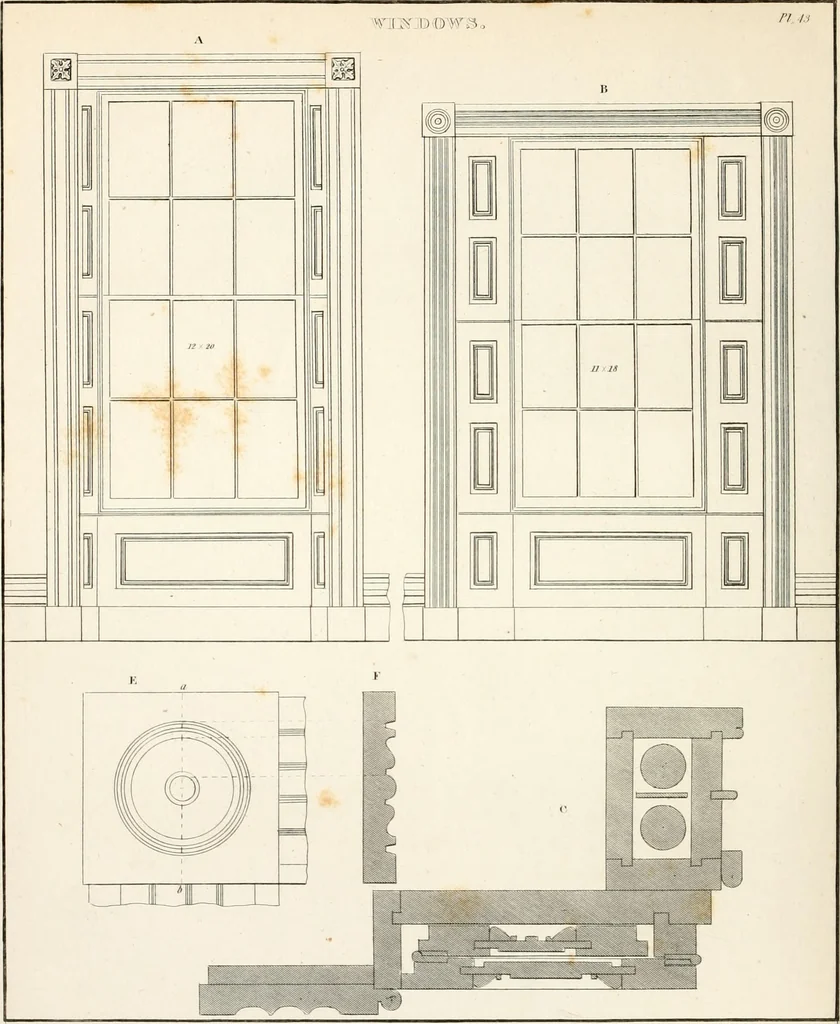 An illustration from Practice of architecture : containing the five orders of architecture and an additional column and entablature, with all their elements and details explained and illustrated, for the use of carpenters and practical men., 1835, leaf 183