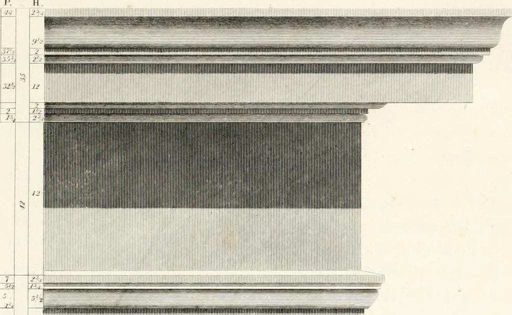 An illustration from Practice of architecture : containing the five orders of architecture and an additional column and entablature, with all their elements and details explained and illustrated, for the use of carpenters and practical men., 1835, leaf 56