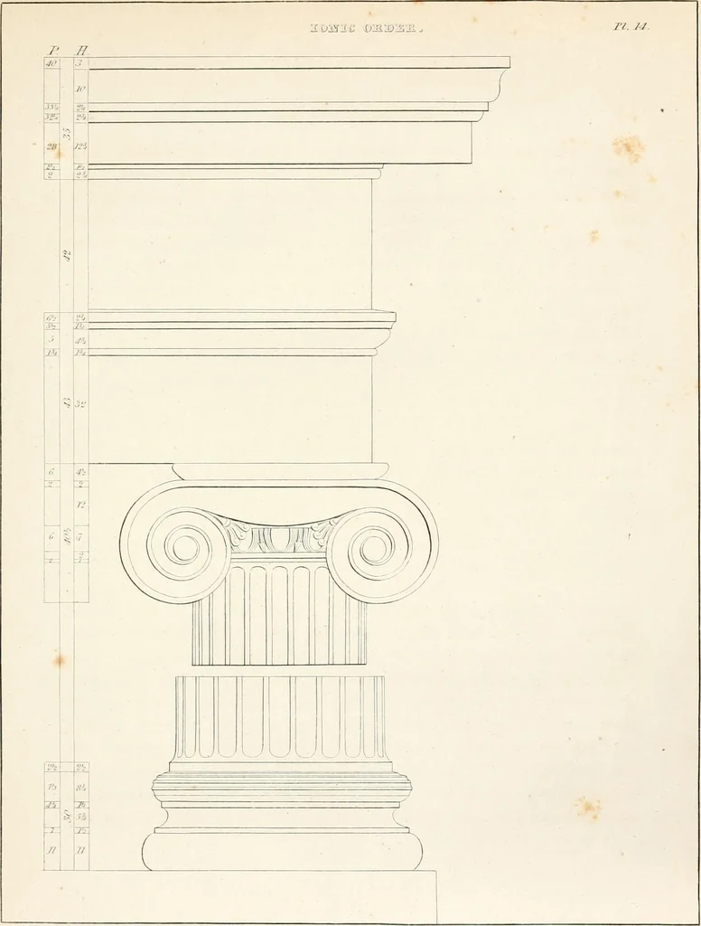 An illustration from Practice of architecture : containing the five orders of architecture and an additional column and entablature, with all their elements and details explained and illustrated, for the use of carpenters and practical men., 1835, leaf 92
