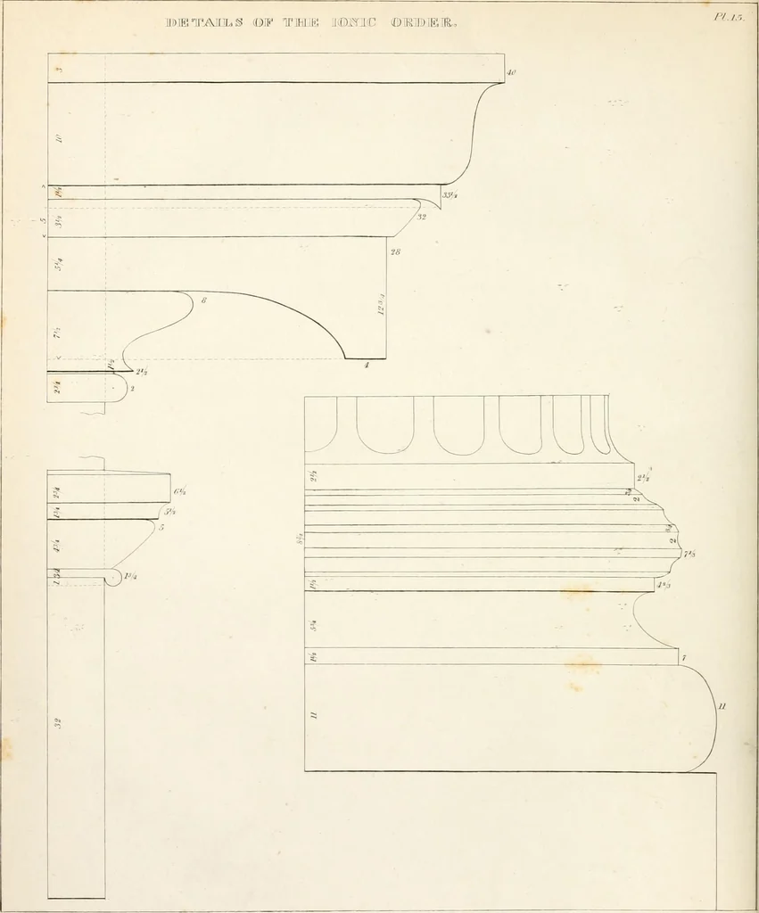 An illustration from Practice of architecture : containing the five orders of architecture and an additional column and entablature, with all their elements and details explained and illustrated, for the use of carpenters and practical men., 1835, leaf 95