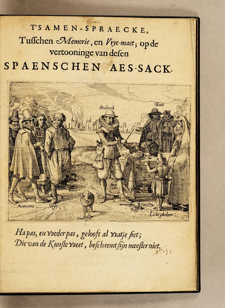 An illustration from Practiicke van den Spaenschen aes-sack: aen-gevvesen op de veroveringe, en victorie van den loffelijcken, voorsienighen, manlijck-hertighen Heer Generael Pieter Pietersz. Heyn. : Met by-voeginghe van noodighe poëtische 't samen-spraecke; ende aerdige rijm-vyeren, en vvellekomsten. : Mitsgaders eenighe treur-versen op het droevich ongheluck des Coninckl: M: van Bohemen, 1629, leaf 9