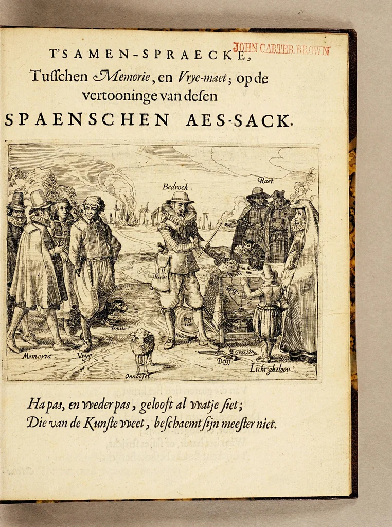 An illustration from Practiicke van den Spaenschen aes-sack: aen-gevvesen op de veroveringe, en victorie van den loffelijcken, voorsienighen, manlijck-hertighen Heer Generael Pieter Pietersz. Heyn. : Met by-voeginghe van noodighe poëtische 't samen-spraecke; ende aerdige rijm-vyeren, en vvellekomsten. : Mitsgaders eenighe treur-versen op het droevich ongheluck des Coninckl: M: van Bohemen, 1629, leaf 9