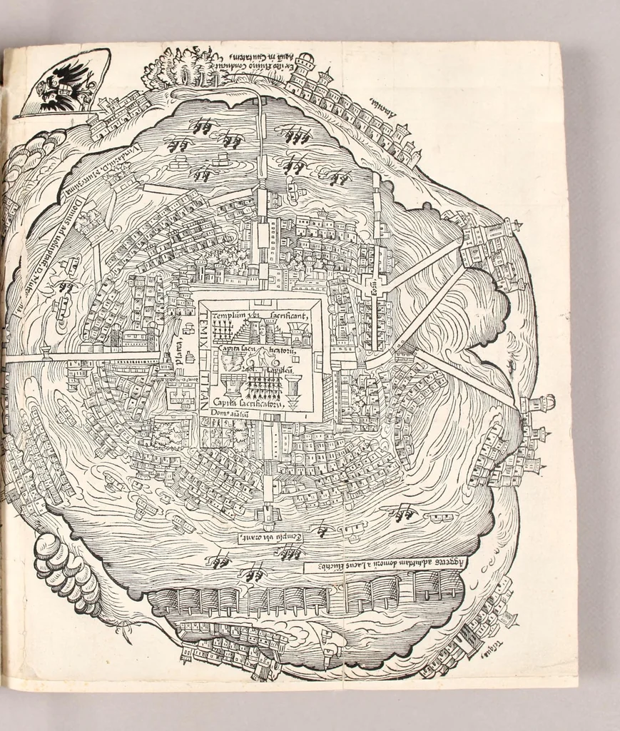 An illustration from Praeclara Ferdina[n]di. Cortesii de noua maris oceani Hyspania narratio sacratissimo. ac inuictissimo Carolo Romanoru[m] Imperatori semper Augusto, Hyspaniaru[m], [etc] Regi Anno Domini. M.D.XX. transmissa : in qua continentur plurima scitu, [et] admiratione digna circa egregias earu[m] p[ro]uintiaru[m] vrbes ... potissimu[m]q[ue] de celebri ciuitate Temixtitan variisq[ue] illi[us] mirabilib[us], qu[a]e lege[n]te[m] mirifice delectabu[n]t,, 1524, leaf 115