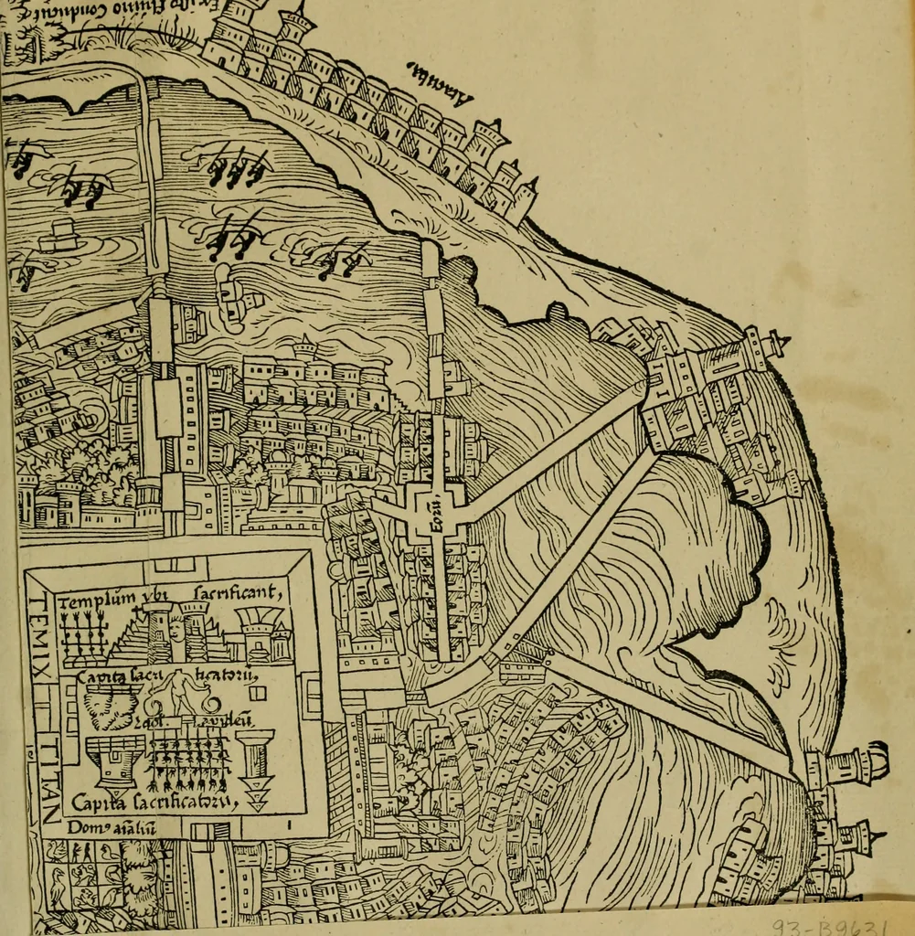An illustration from Praeclara Ferdinãdi. Cortesii de noua maris oceani Hyspania narratio : sacratissimo. ac inuictissimo Carolo Romanoru imperatori semper augusto, Hyspaniaru, &c regi anno domini. M.D.XX. transmissa : in qua continentur plurima scitu, & admiratione digna circa egregias earu p[er]uintiaru vrbes, incolaru mores, pueroru sacrificia, & religiosas personas, potissimuq[ue] de celebri ciuitate Temixtitan variisq[ue] illi[us] mirabilib[us], que legete mirifice delectabut, 1524, leaf 114
