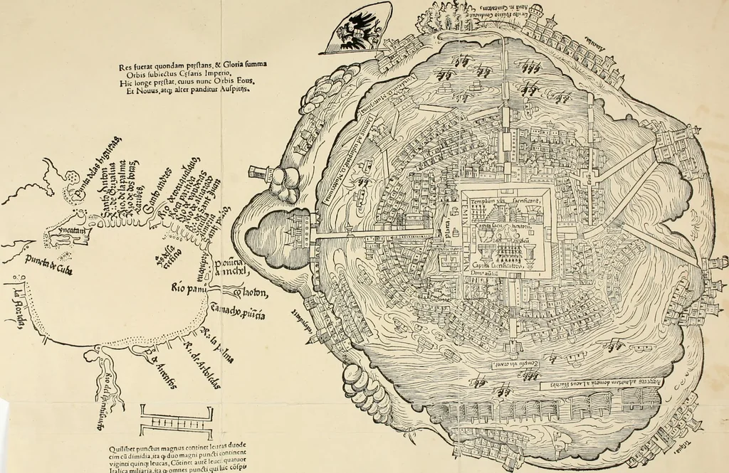 An illustration from Praeclara Ferdinãdi. Cortesii de noua maris oceani Hyspania narratio : sacratissimo. ac inuictissimo Carolo Romanoru imperatori semper augusto, Hyspaniaru, &c regi anno domini. M.D.XX. transmissa : in qua continentur plurima scitu, & admiratione digna circa egregias earu p[er]uintiaru vrbes, incolaru mores, pueroru sacrificia, & religiosas personas, potissimuq[ue] de celebri ciuitate Temixtitan variisq[ue] illi[us] mirabilib[us], que legete mirifice delectabut, 1524, leaf 115