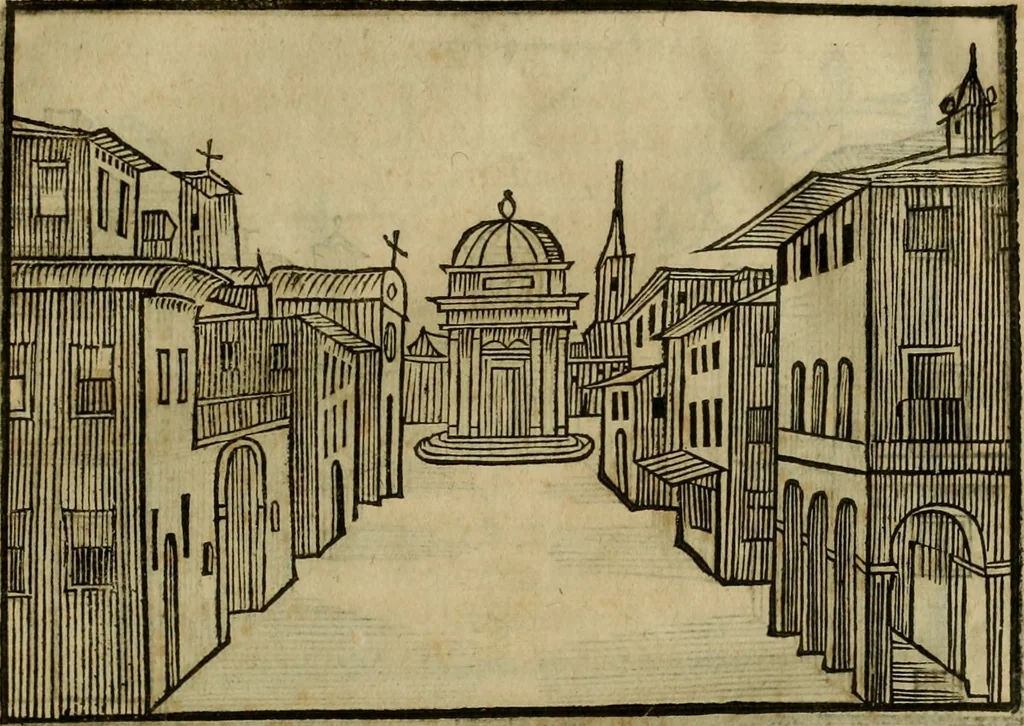 An illustration from Pratica di fabricar scene e machine ne' teatri, 1638, leaf 36