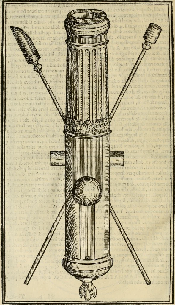 An illustration from Pratica manvale di arteglieria : nella quale si tratta della inuentione di essa, dell'ordine di condurla, & piantarla sotto à qualunque fortezza, fabricar mine da far volar in alto le fortezze, spianar le montagne, diuertir l'acque offensiue i regni & prouincie, tirar co i pezzi in molti & diuersi modi, far fuochi artificiali : con altri bellissimi secreti all'essercitio dell'arteglieria appartenenti, 1586, leaf 105