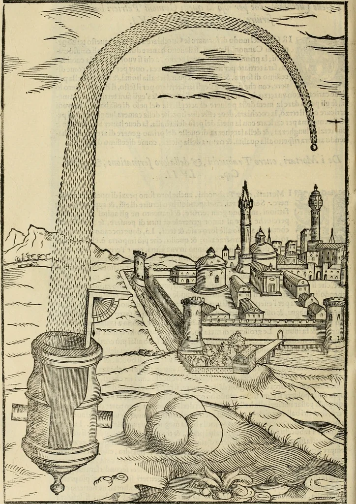 An illustration from Pratica manvale di arteglieria : nella quale si tratta della inuentione di essa, dell'ordine di condurla, & piantarla sotto à qualunque fortezza, fabricar mine da far volar in alto le fortezze, spianar le montagne, diuertir l'acque offensiue i regni & prouincie, tirar co i pezzi in molti & diuersi modi, far fuochi artificiali : con altri bellissimi secreti all'essercitio dell'arteglieria appartenenti, 1586, leaf 107