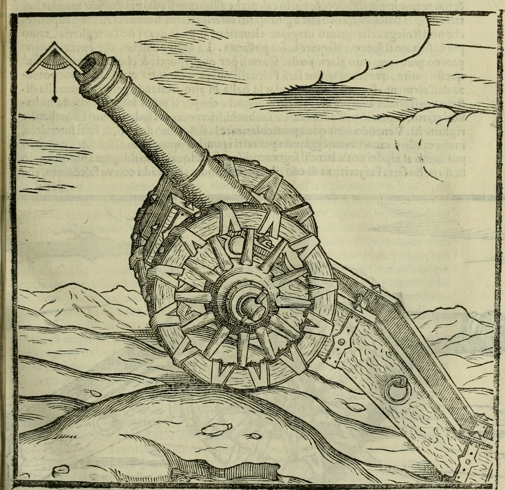 An illustration from Pratica manvale di arteglieria : nella quale si tratta della inuentione di essa, dell'ordine di condurla, & piantarla sotto à qualunque fortezza, fabricar mine da far volar in alto le fortezze, spianar le montagne, diuertir l'acque offensiue i regni & prouincie, tirar co i pezzi in molti & diuersi modi, far fuochi artificiali : con altri bellissimi secreti all'essercitio dell'arteglieria appartenenti, 1586, leaf 110