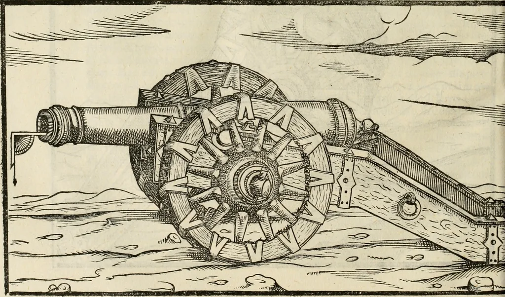 An illustration from Pratica manvale di arteglieria : nella quale si tratta della inuentione di essa, dell'ordine di condurla, & piantarla sotto à qualunque fortezza, fabricar mine da far volar in alto le fortezze, spianar le montagne, diuertir l'acque offensiue i regni & prouincie, tirar co i pezzi in molti & diuersi modi, far fuochi artificiali : con altri bellissimi secreti all'essercitio dell'arteglieria appartenenti, 1586, leaf 111