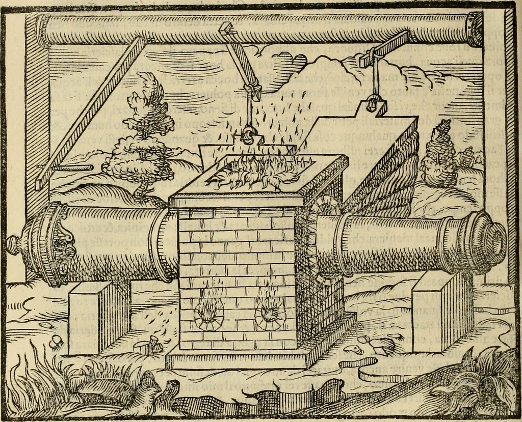 An illustration from Pratica manvale di arteglieria : nella quale si tratta della inuentione di essa, dell'ordine di condurla, & piantarla sotto à qualunque fortezza, fabricar mine da far volar in alto le fortezze, spianar le montagne, diuertir l'acque offensiue i regni & prouincie, tirar co i pezzi in molti & diuersi modi, far fuochi artificiali : con altri bellissimi secreti all'essercitio dell'arteglieria appartenenti, 1586, leaf 145