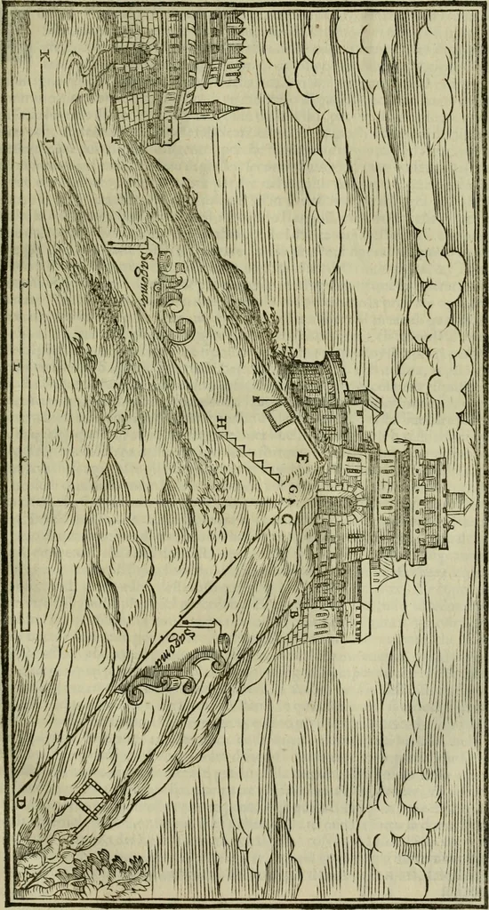 An illustration from Pratica manvale di arteglieria : nella quale si tratta della inuentione di essa, dell'ordine di condurla, & piantarla sotto à qualunque fortezza, fabricar mine da far volar in alto le fortezze, spianar le montagne, diuertir l'acque offensiue i regni & prouincie, tirar co i pezzi in molti & diuersi modi, far fuochi artificiali : con altri bellissimi secreti all'essercitio dell'arteglieria appartenenti, 1586, leaf 160