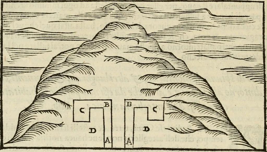 An illustration from Pratica manvale di arteglieria : nella quale si tratta della inuentione di essa, dell'ordine di condurla, & piantarla sotto à qualunque fortezza, fabricar mine da far volar in alto le fortezze, spianar le montagne, diuertir l'acque offensiue i regni & prouincie, tirar co i pezzi in molti & diuersi modi, far fuochi artificiali : con altri bellissimi secreti all'essercitio dell'arteglieria appartenenti, 1586, leaf 165