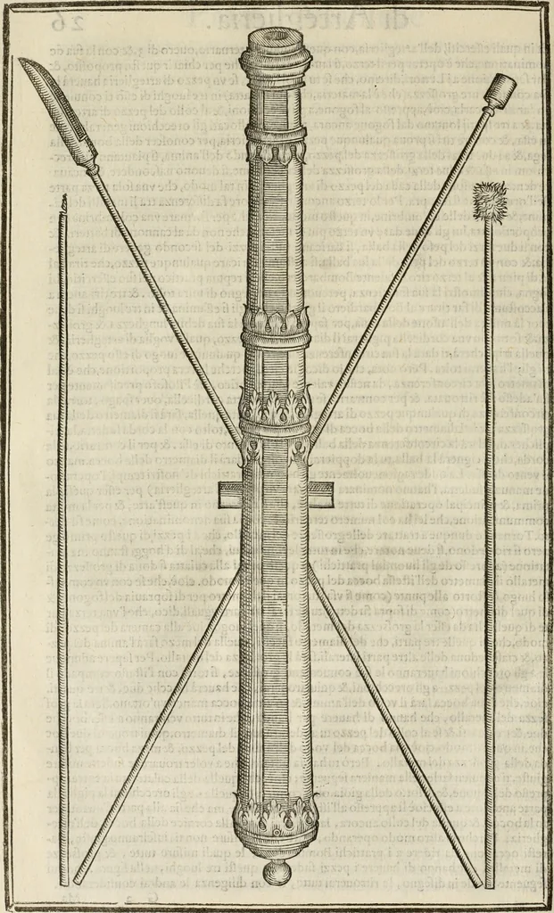 An illustration from Pratica manvale di arteglieria : nella quale si tratta della inuentione di essa, dell'ordine di condurla, & piantarla sotto à qualunque fortezza, fabricar mine da far volar in alto le fortezze, spianar le montagne, diuertir l'acque offensiue i regni & prouincie, tirar co i pezzi in molti & diuersi modi, far fuochi artificiali : con altri bellissimi secreti all'essercitio dell'arteglieria appartenenti, 1586, leaf 65