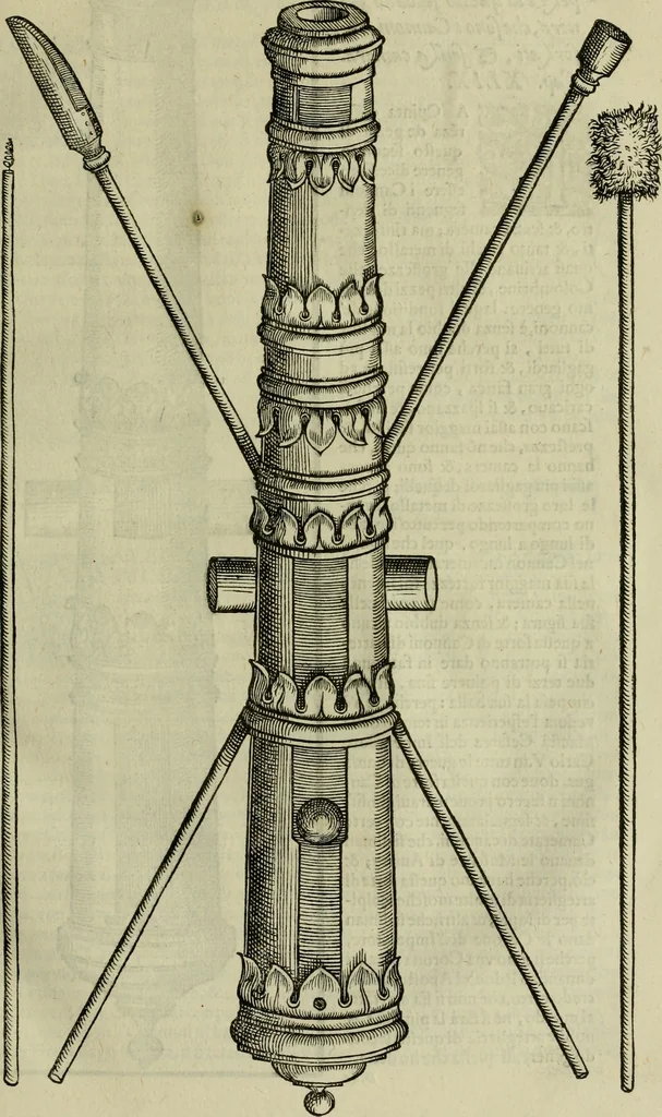 An illustration from Pratica manvale di arteglieria : nella quale si tratta della inuentione di essa, dell'ordine di condurla, & piantarla sotto à qualunque fortezza, fabricar mine da far volar in alto le fortezze, spianar le montagne, diuertir l'acque offensiue i regni & prouincie, tirar co i pezzi in molti & diuersi modi, far fuochi artificiali : con altri bellissimi secreti all'essercitio dell'arteglieria appartenenti, 1586, leaf 98